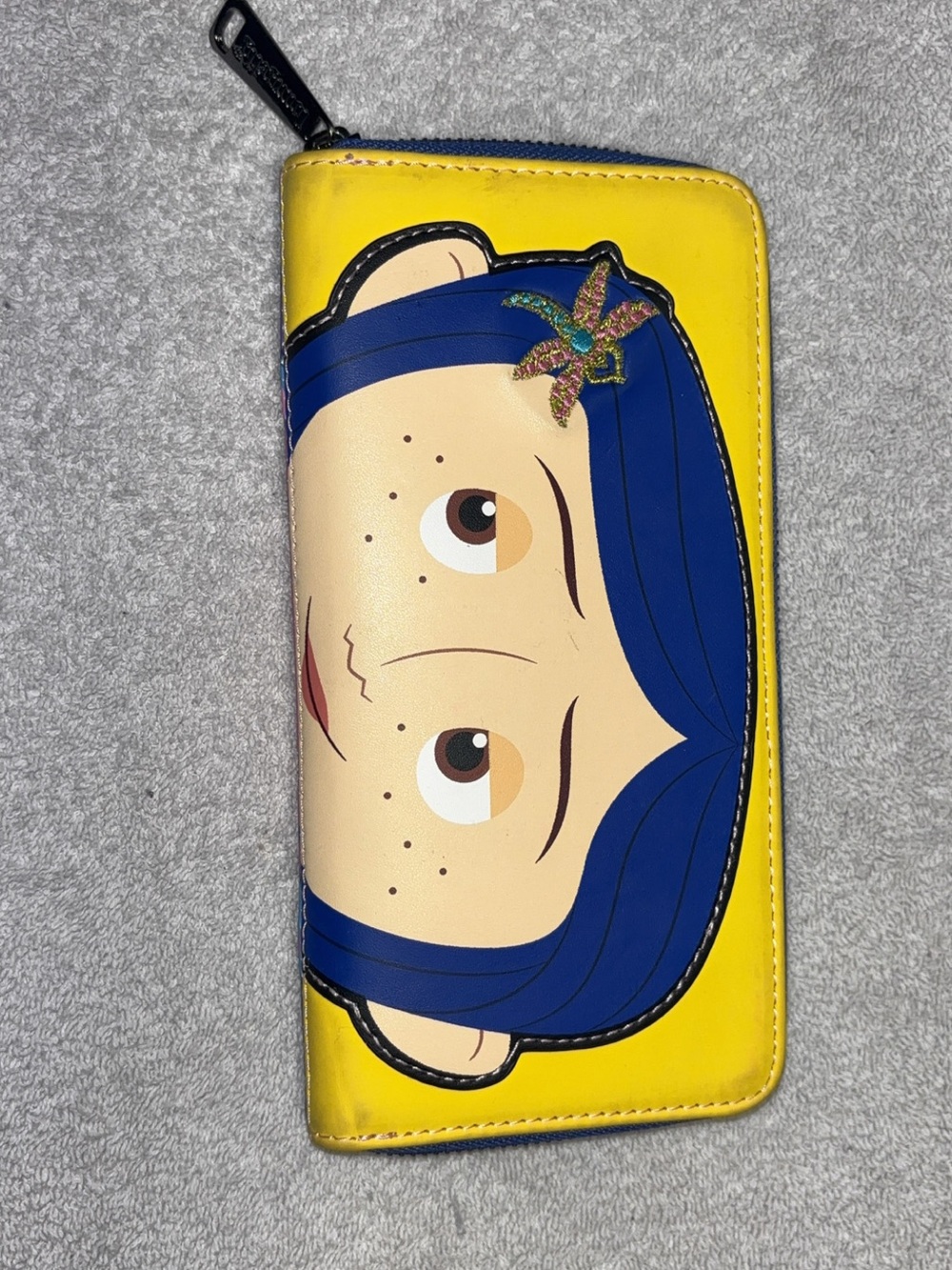 Coraline Yellow Cartoon Zip Wallet with Blue Hair Design